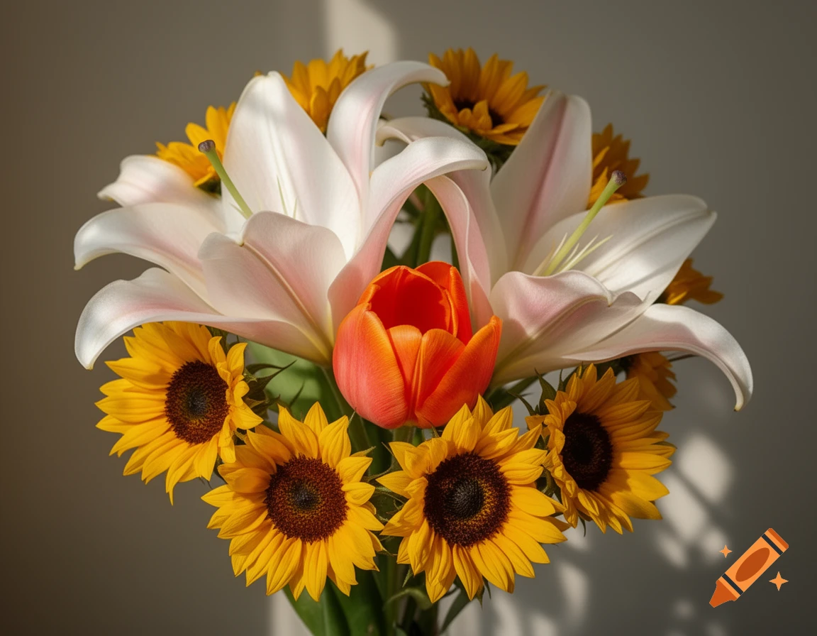A vibrant bouquet featuring prominent white lilies, a single orange-red tulip, and several bright yellow sunflowers, captured realistically with natural lighting.