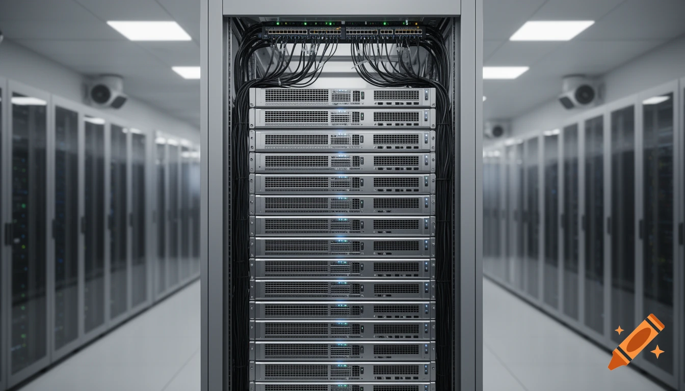 A close-up, photorealistic view of a full server rack with many connected cables in a data center aisle.