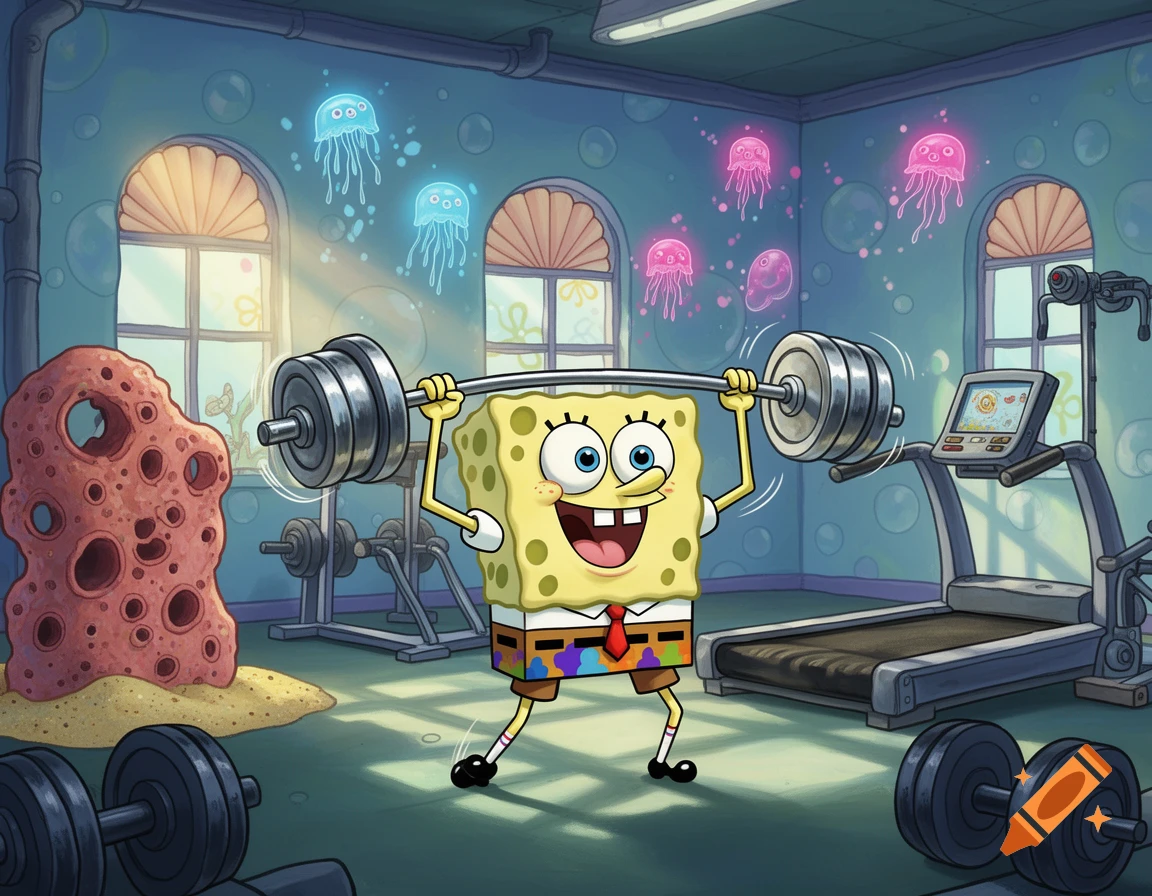SpongeBob SquarePants happily lifts heavy weights in an underwater cartoon gym with glowing jellyfish.