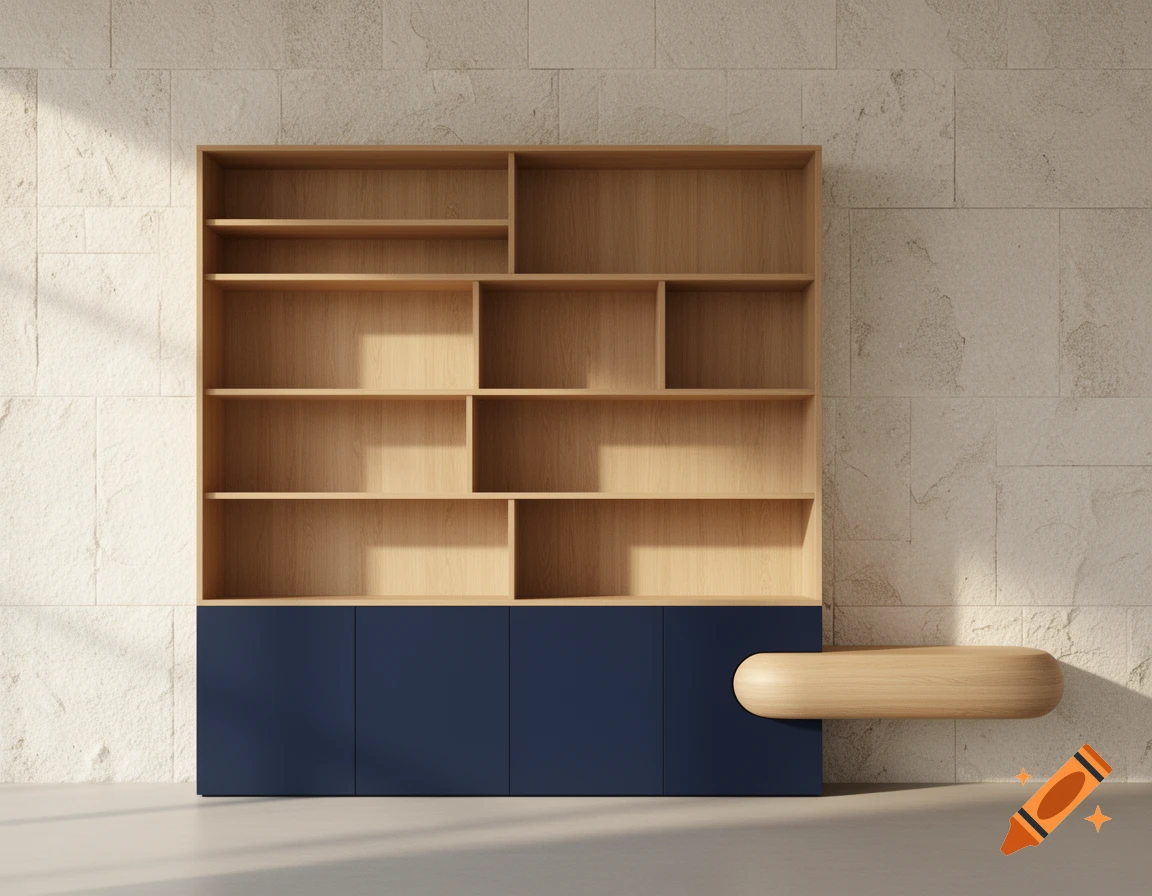 Modern wooden bookshelf with navy blue cabinets and a floating bench against a textured stone wall, lit by warm natural light.
