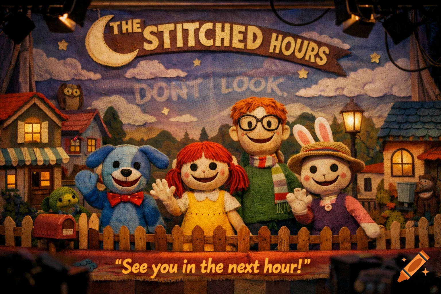 A colorful puppet show set featuring four smiling puppets behind a wooden fence. A blue dog, a red-haired girl, a boy with glasses, and a rabbit in a straw hat stand before a backdrop depicting a town and a banner reading "THE STITCHED HOURS".