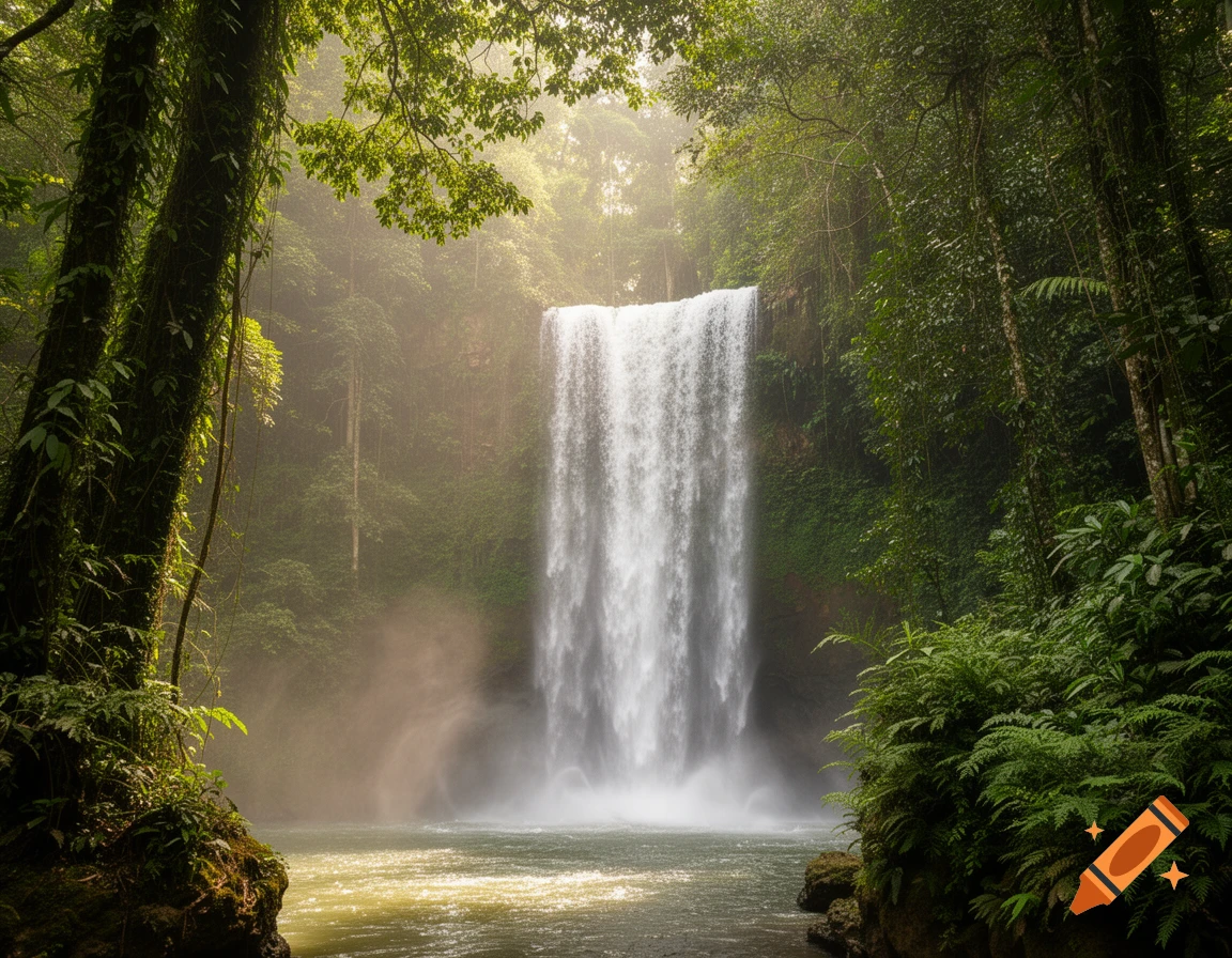 A majestic waterfall cascades into a misty pool surrounded by lush green jungle foliage, with sunlight filtering through the canopy.