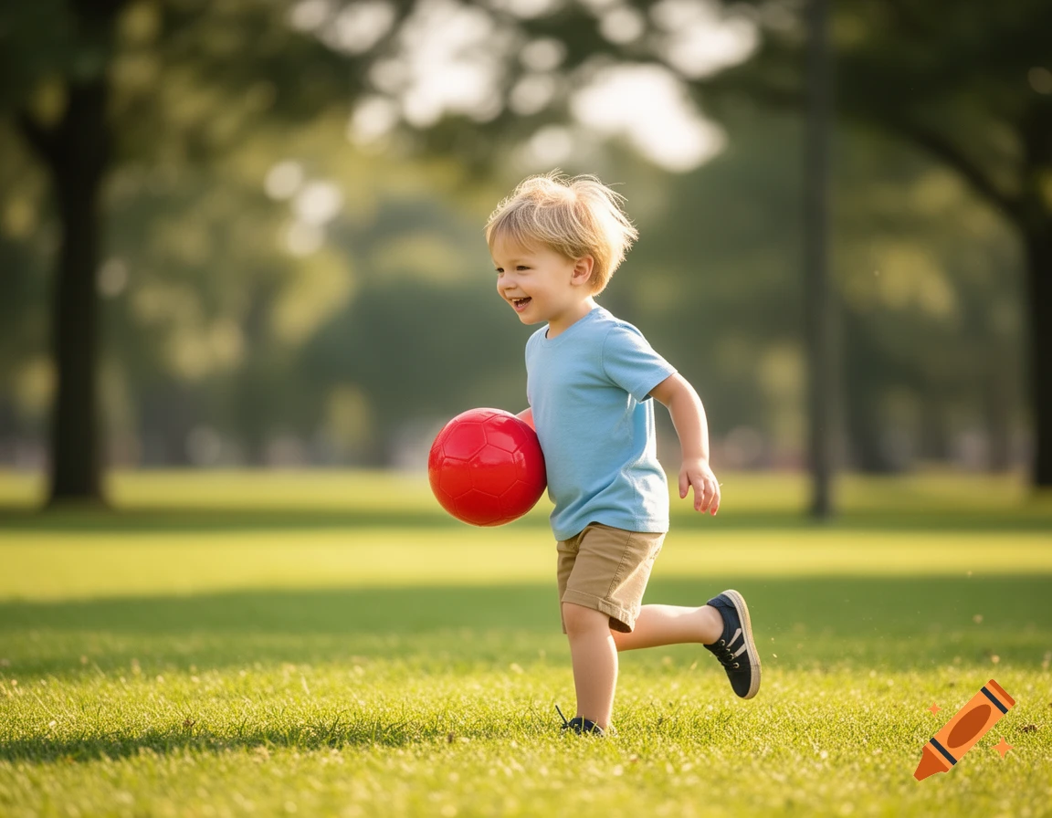 A smiling blonde toddler runs across a sunny grassy park while holding a red ball.