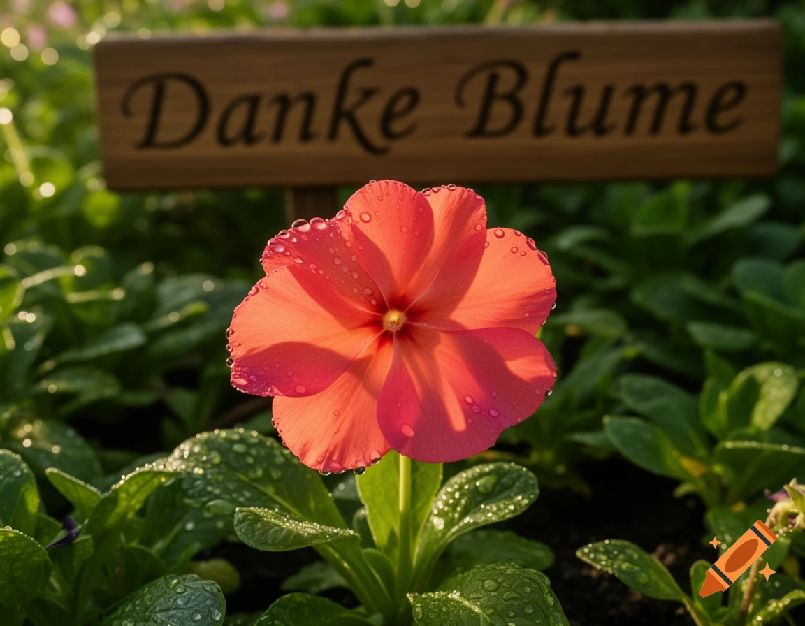 A close-up shot of a vibrant pink flower with water droplets on its petals and leaves. In the blurred background, a wooden sign reads "Danke Blume".