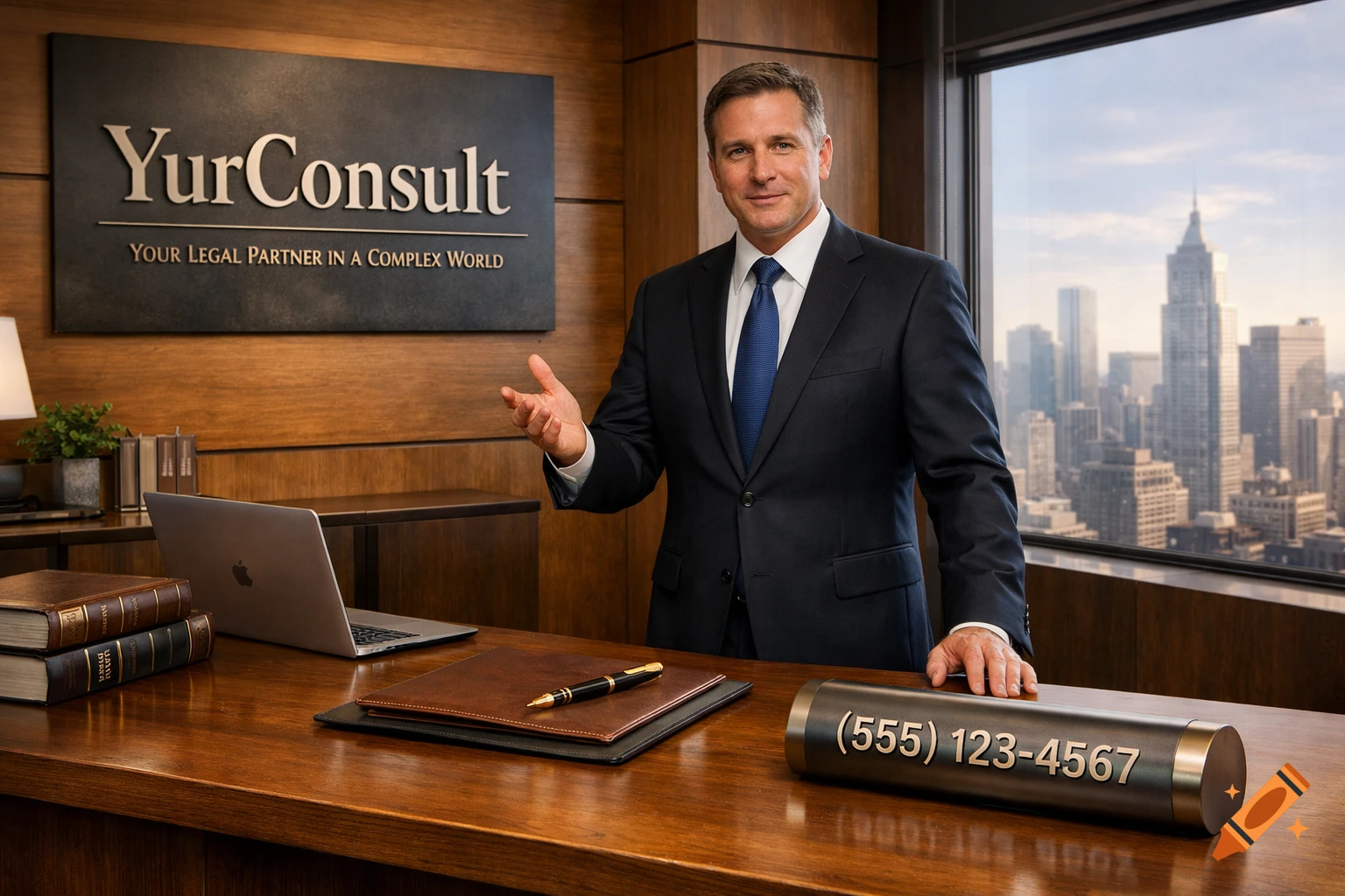 Smiling man in a suit stands in a modern office with a city view, by a desk with books and a laptop.
