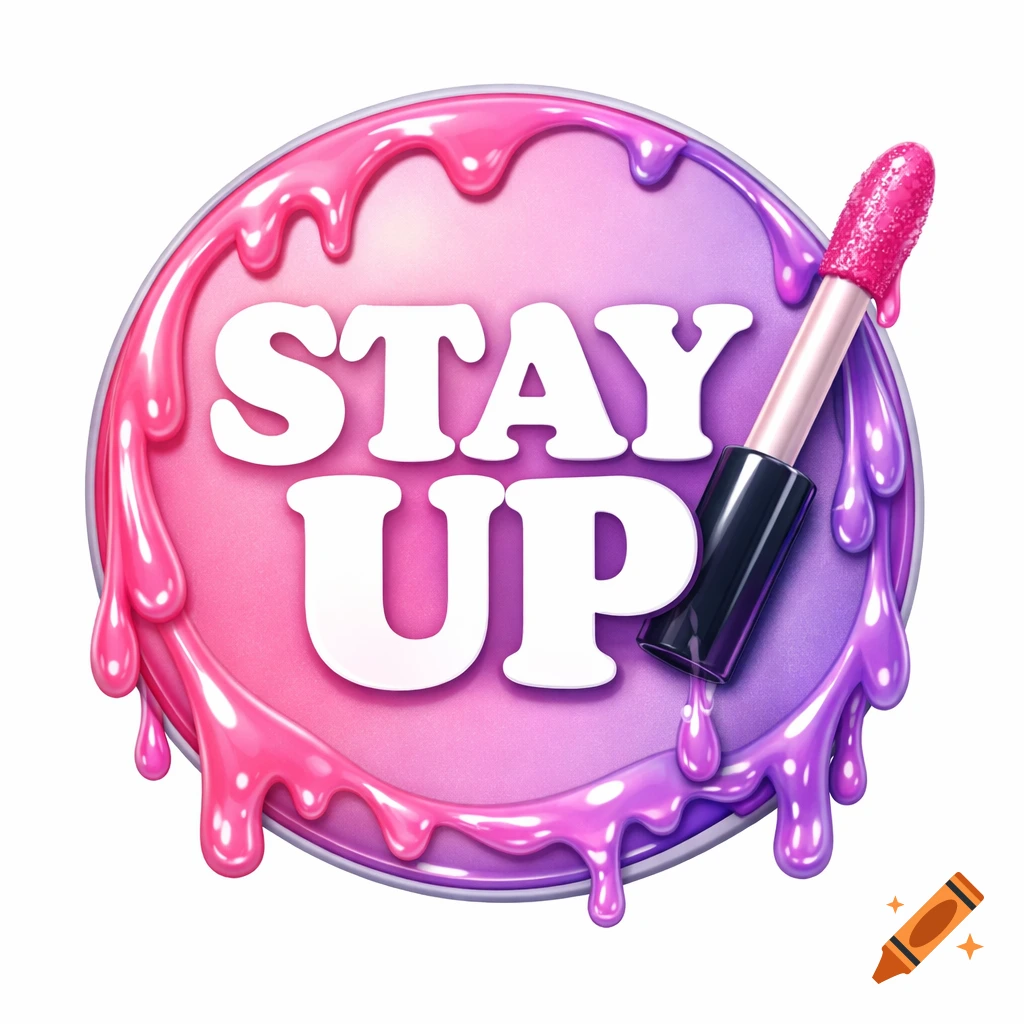 Round logo with pink and purple gradient and dripping slime effect, featuring a sparkly pink lipgloss applicator and white text 'STAY UP'.