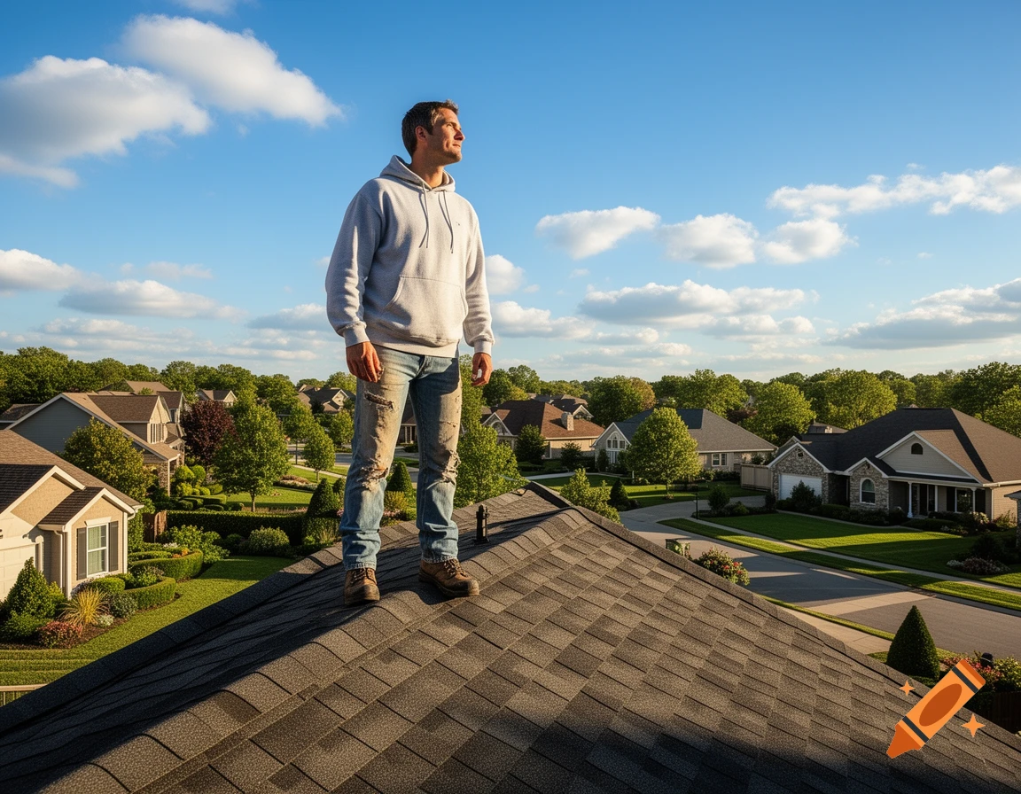 A man in a grey hoodie and ripped jeans stands on a shingled roof, looking over a sunny residential neighborhood.