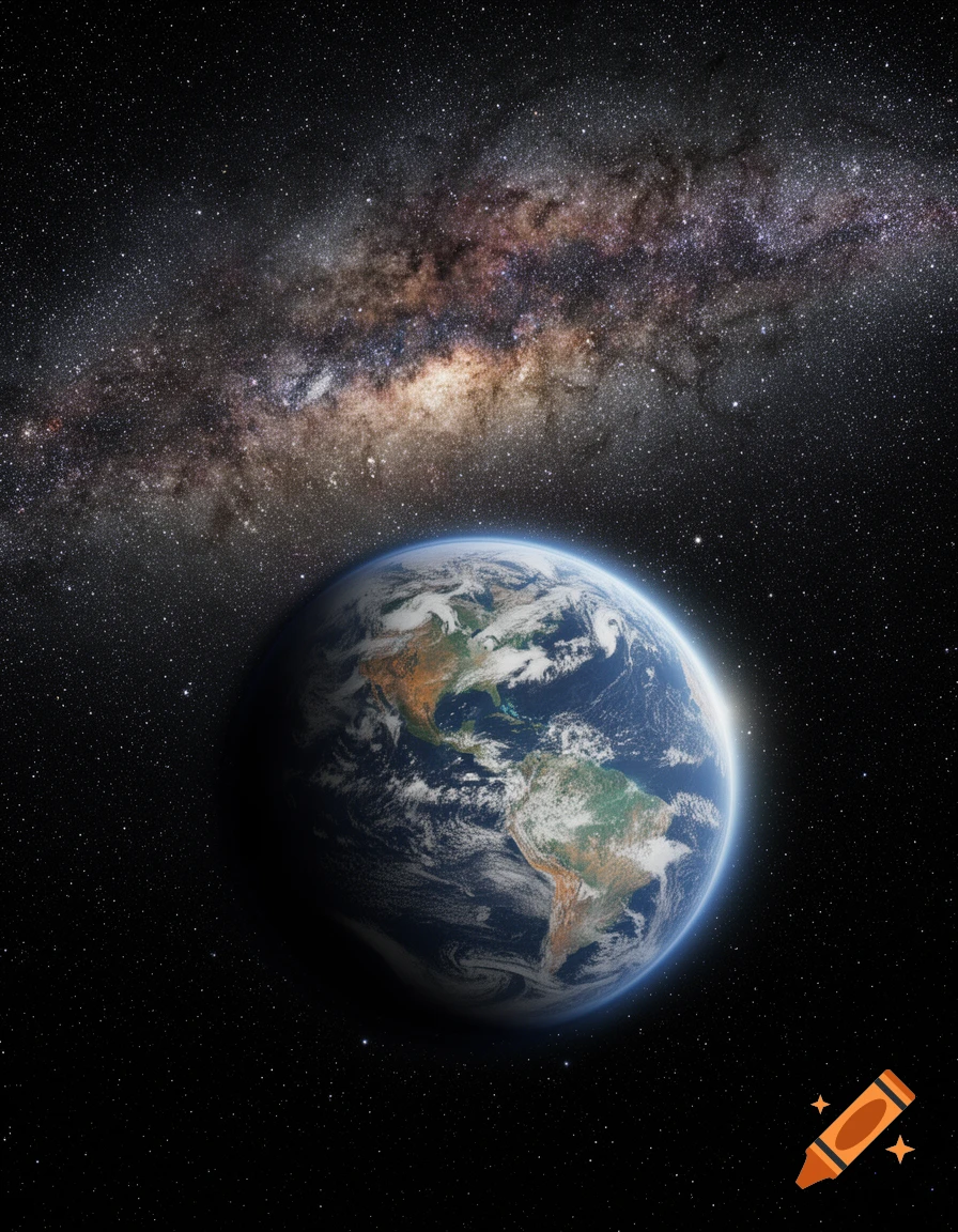 Photorealistic view of Earth from space with the Milky Way galaxy visible above.