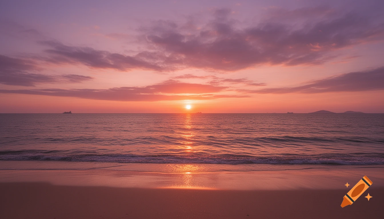 A serene sunset over a calm ocean, with the sun low on the horizon casting an orange glow across the water and a sandy beach in the foreground.