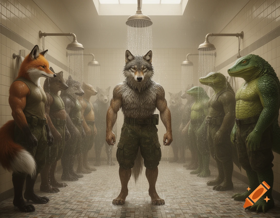 Male anthro animal soldiers, including a fox, wolf, and alligator, shower in an old-fashioned room in a furry art style.