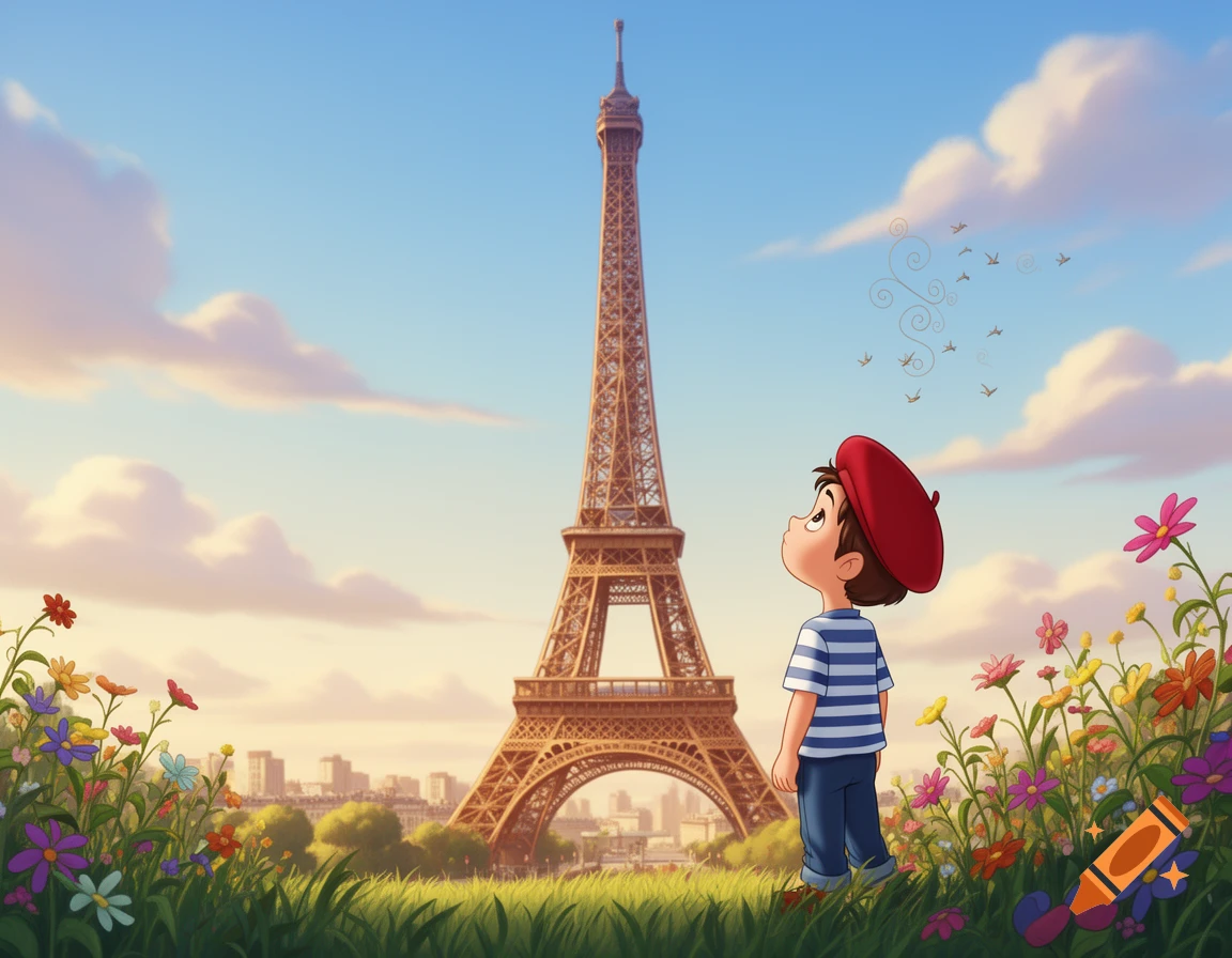 A cartoon boy in a red beret and striped shirt looks up at the Eiffel Tower, surrounded by green grass and colorful flowers.