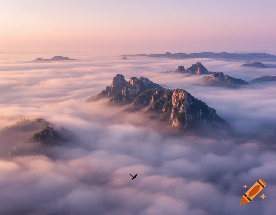 Mountains rise above a sea of clouds under a pastel pink and purple sky, with a small airplane flying. Photorealistic landscape.
