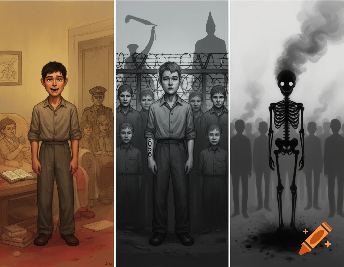 A triptych showing a boy's journey from a warm home to a barbed-wire camp with tattooed numbers, ending as a skeleton in a crowd.