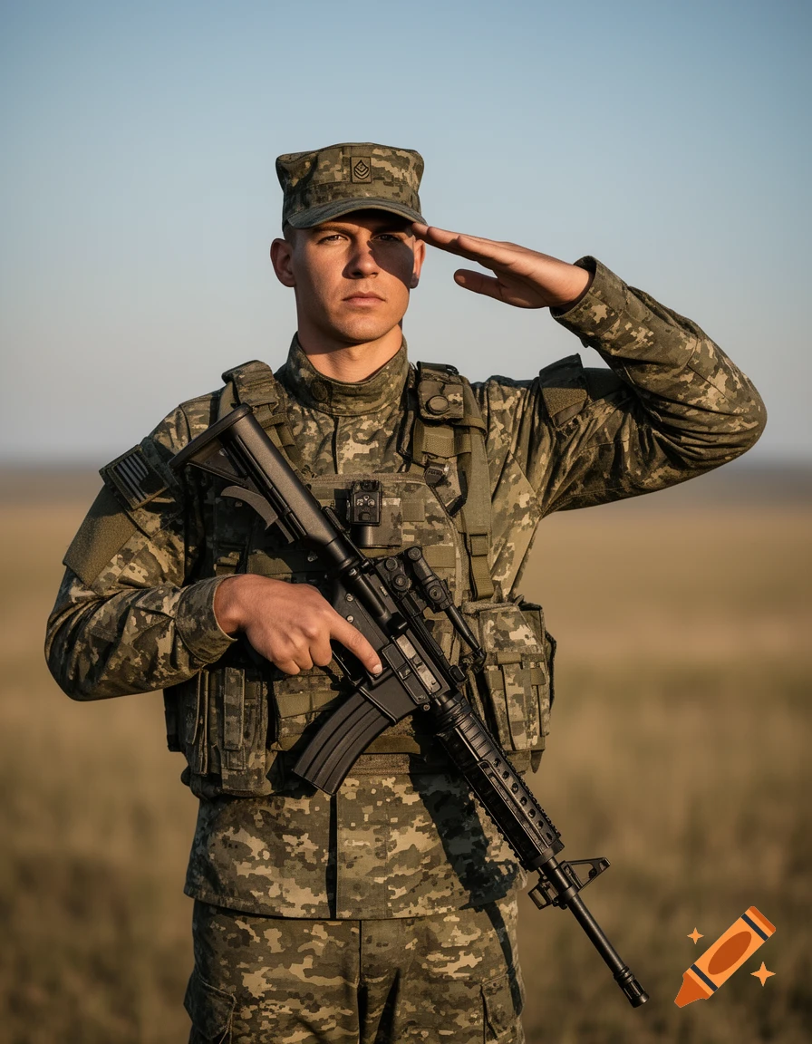 A serious soldier in camouflage uniform and cap salutes while holding an assault rifle in a field under a clear sky.