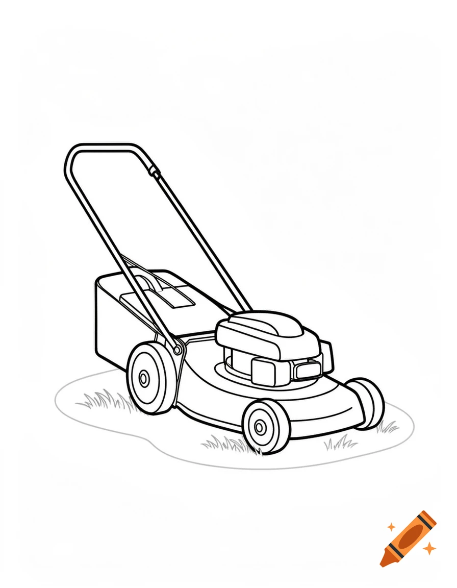 Simple line art illustration of a lawn mower on a patch of grass, designed as a coloring page.