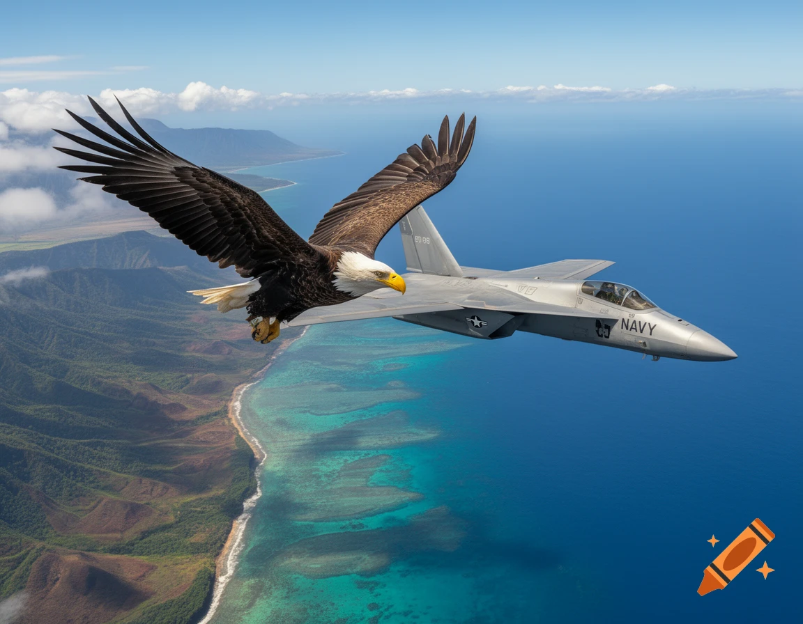 A photorealistic bald eagle flies alongside a grey fighter jet over a tropical coastline with blue ocean and green mountains.
