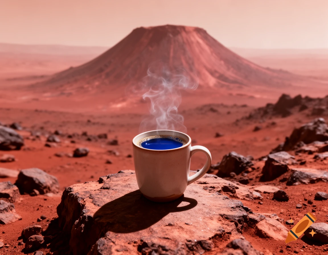 A white mug with steaming blue coffee sits on a red rocky Martian landscape with a large mountain in the background.