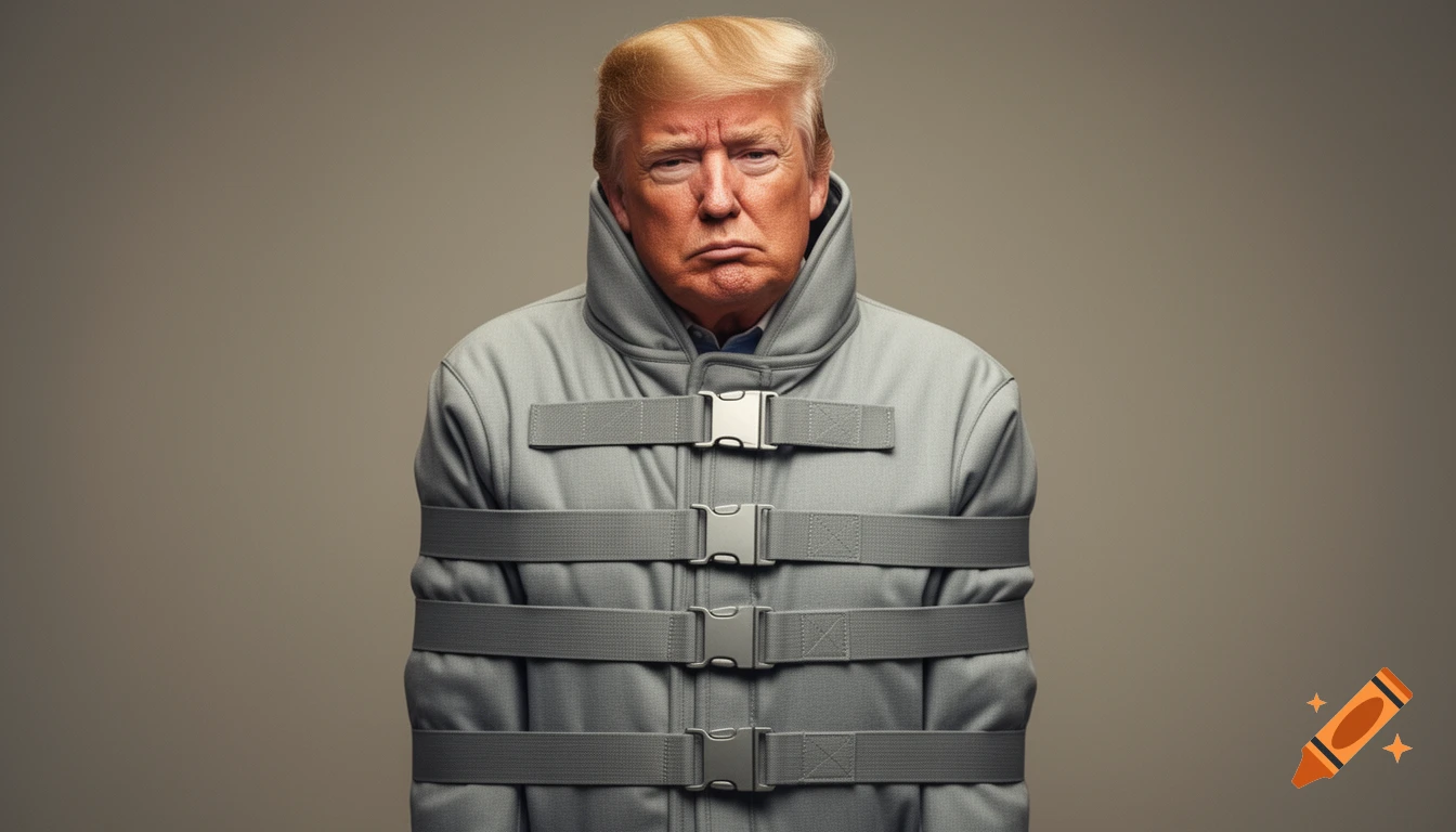 Photorealistic portrait of Donald Trump wearing a grey straitjacket, looking directly at the viewer.