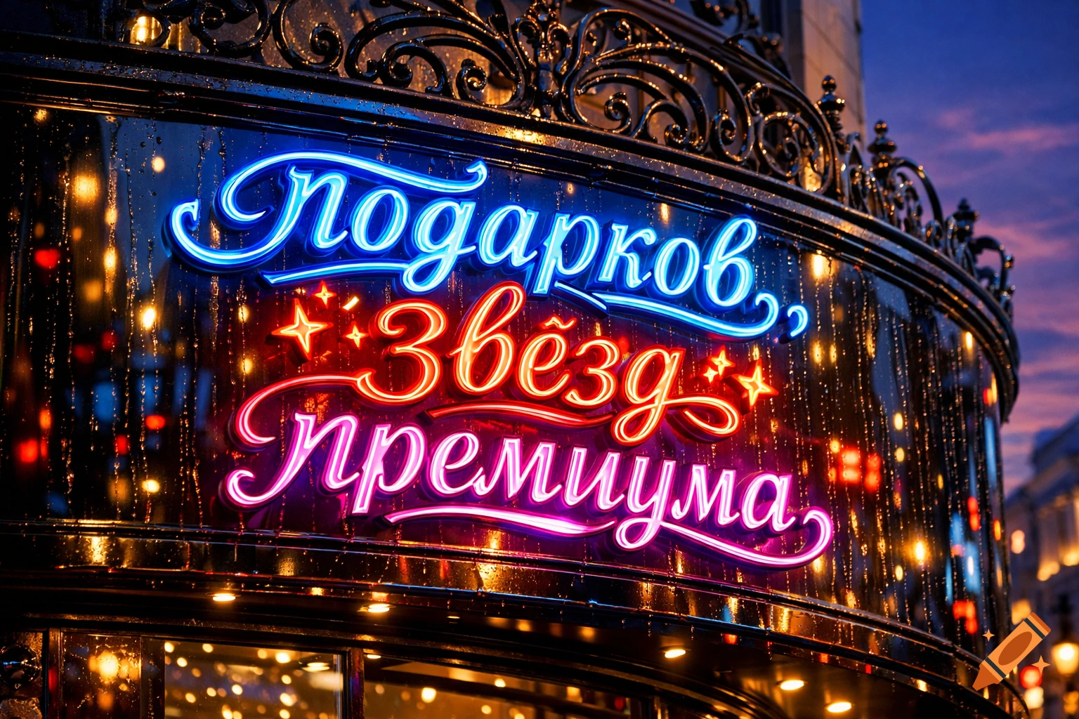 A vibrant neon sign on a building at dusk, featuring Russian words "Подарков" (Gifts), "Звёзд" (Stars), and "Премиума" (Premium) in blue, red, and pink, with sparkling accents.