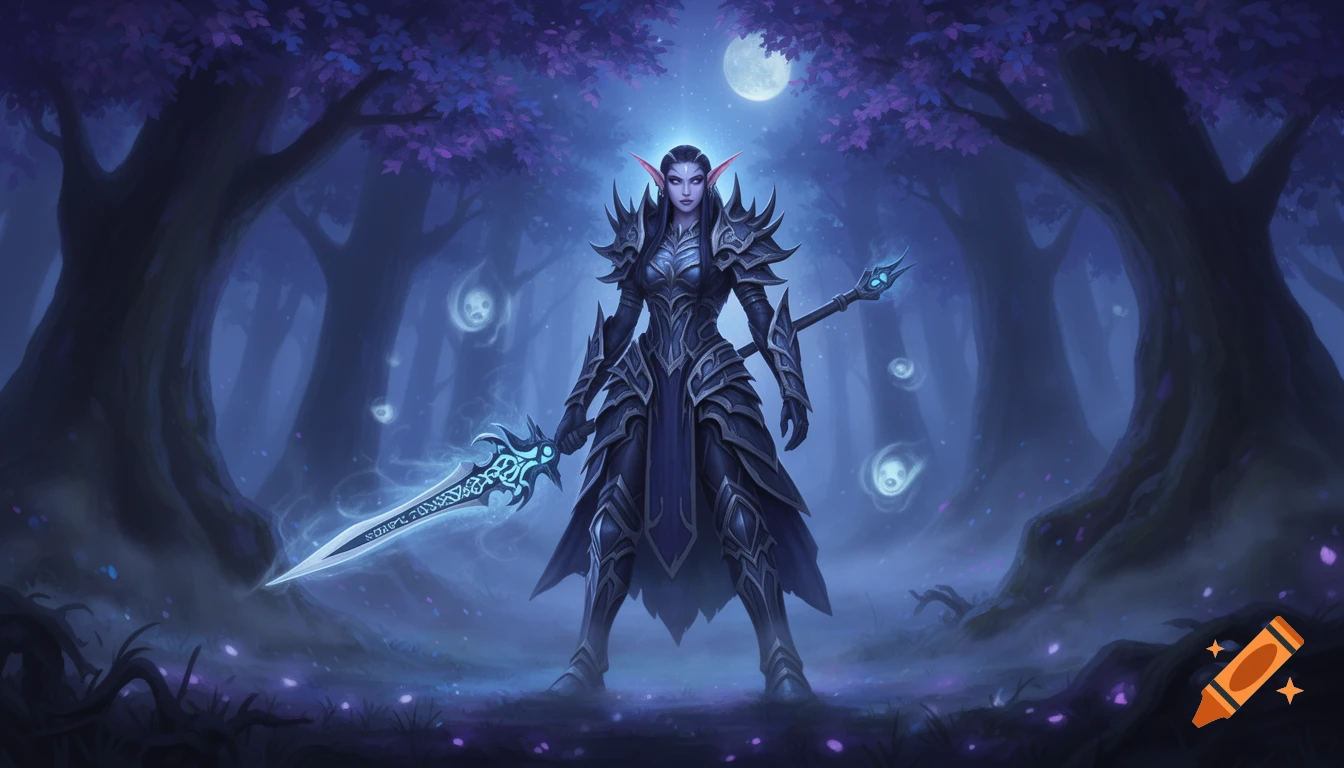 A female Night Elf warrior in ornate dark armor stands in a moonlit ...