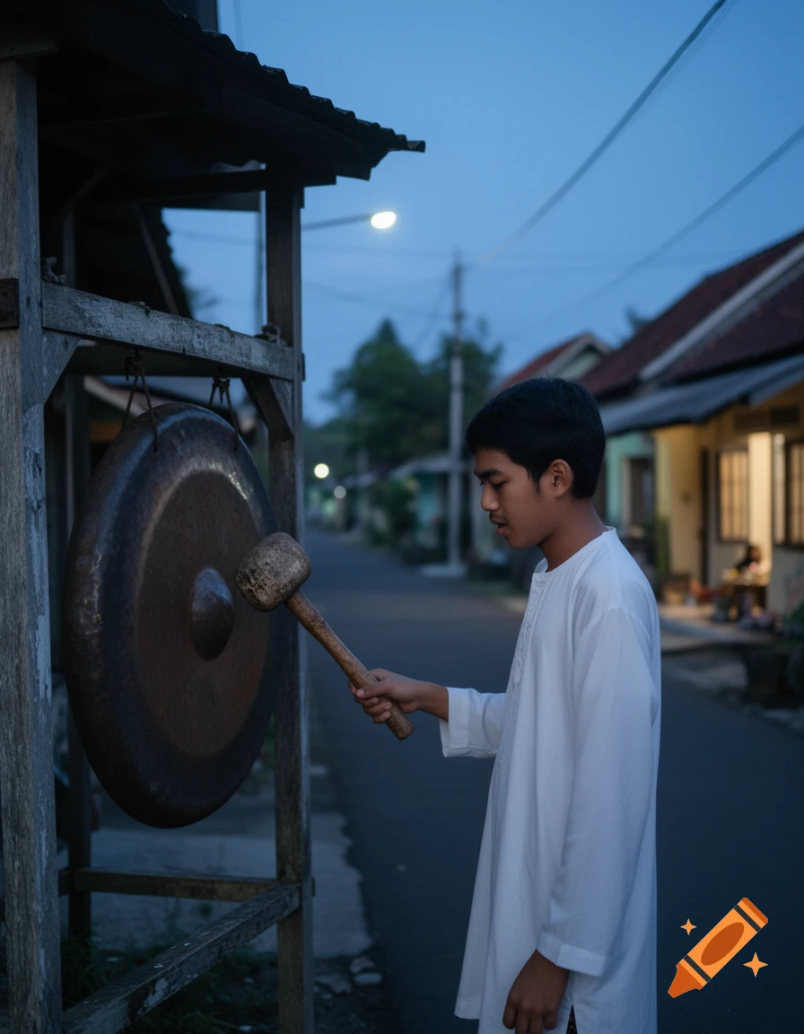 Young man in a white robe hitting a large gong with a mallet in a dimly lit village street at dusk.