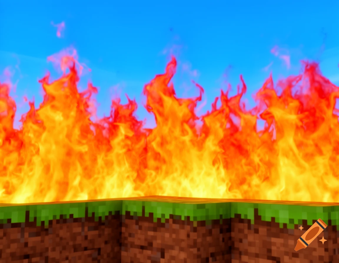Vibrant stylized flames erupt over a pixelated Minecraft-style dirt block platform against a blue sky.