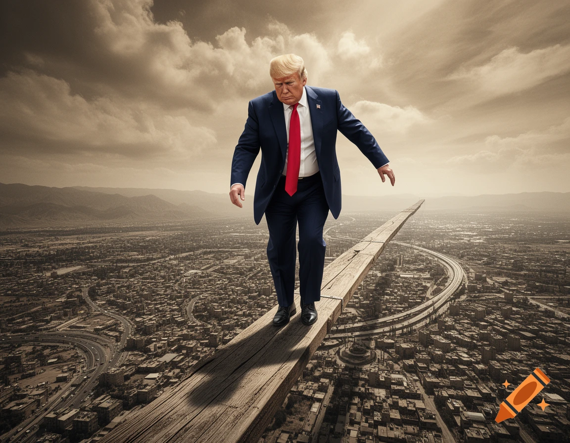 Donald Trump walks a long wooden plank high above a sprawling city under a dramatic, cloudy sky.