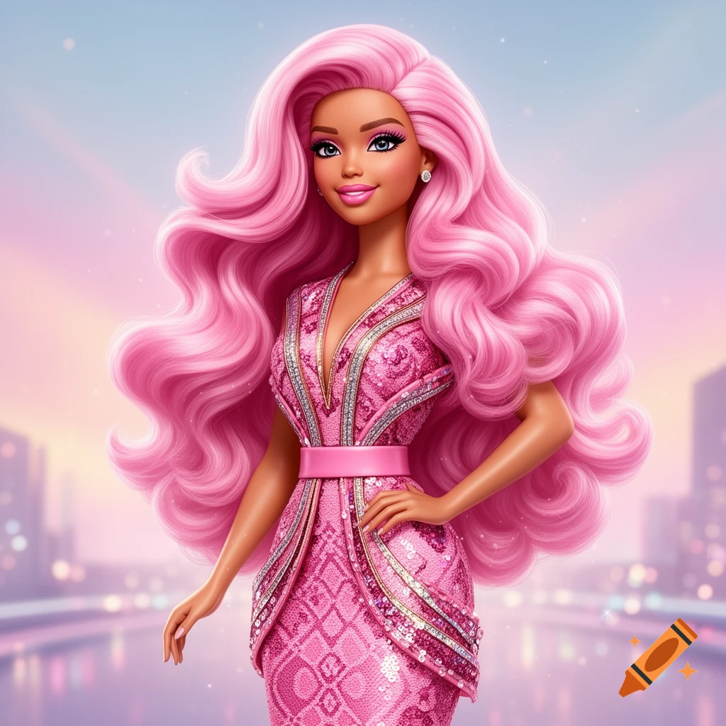 A Latina Barbie doll with long, wavy pink hair wears a sparkling pink sequin dress against a blurred city background.