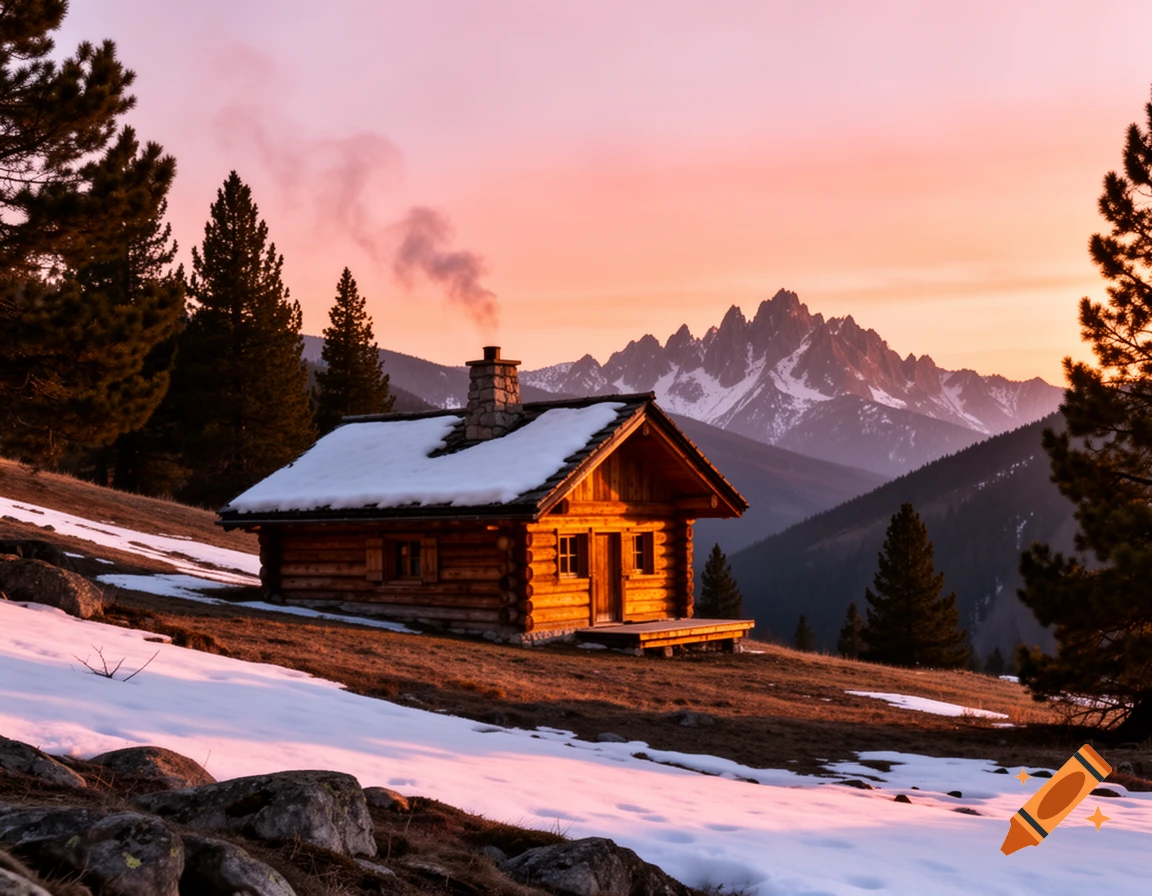 Wooden cabin with snowy roof on a hill with pine trees, smoke rising from chimney, silhouetted mountains against a pink and orange sunset sky.