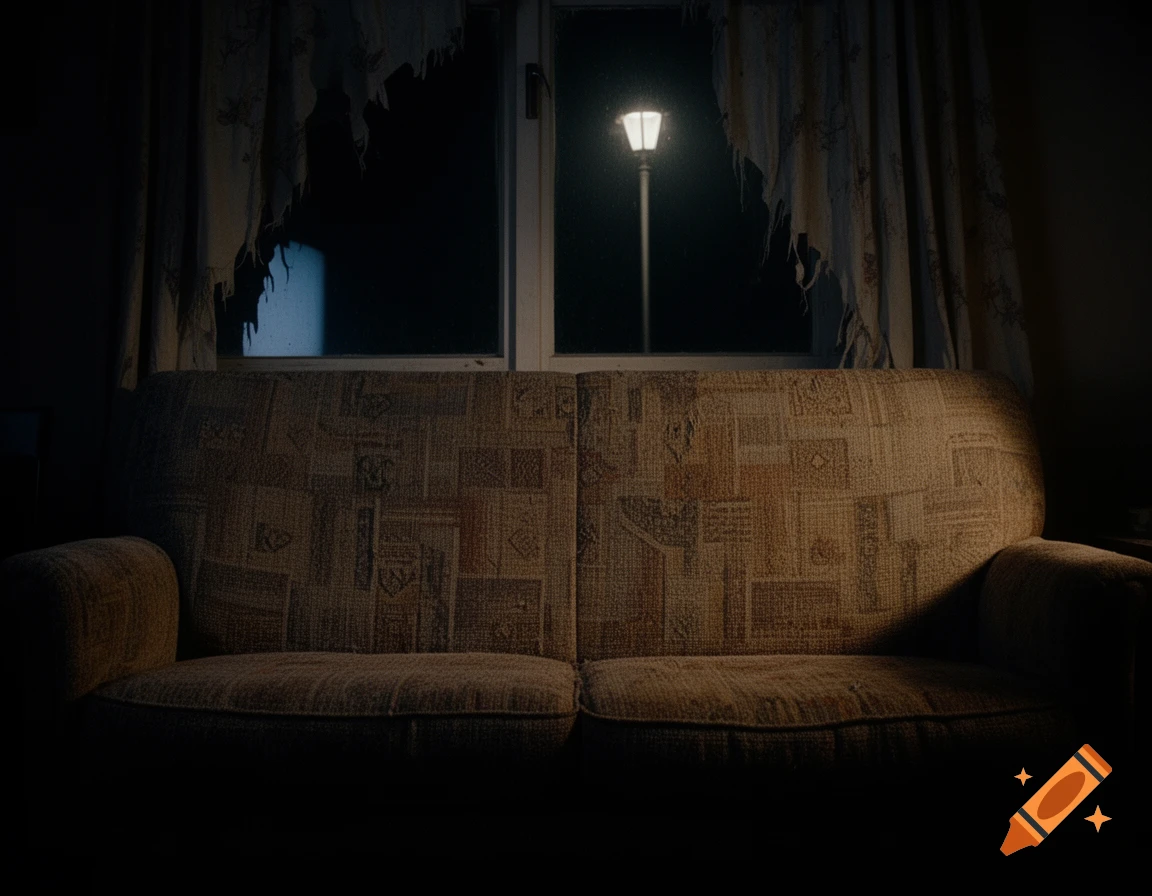 A dimly lit, old fabric sofa sits in front of a window with tattered curtains, a street lamp visible outside at night.