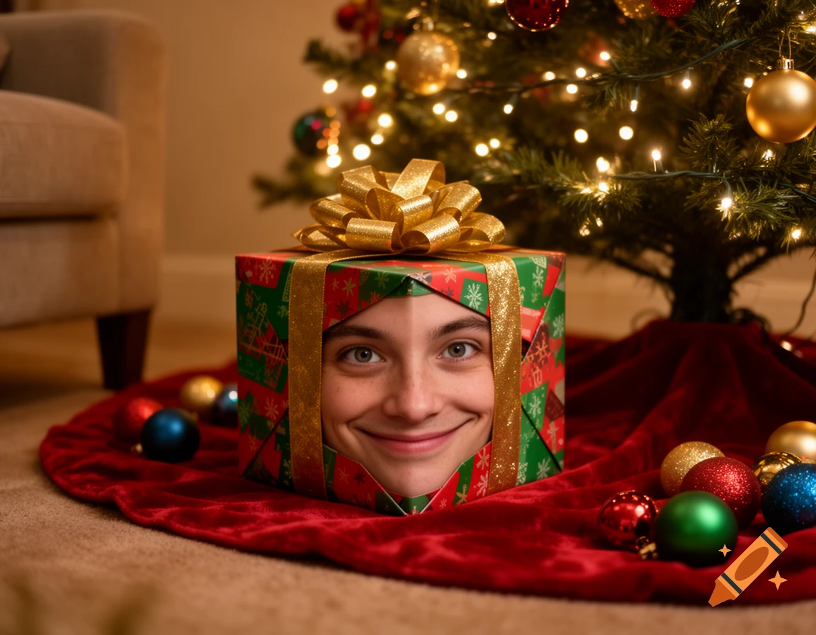 A smiling face peers out of a festive green and red Christmas gift box with a gold bow, under a decorated Christmas tree.