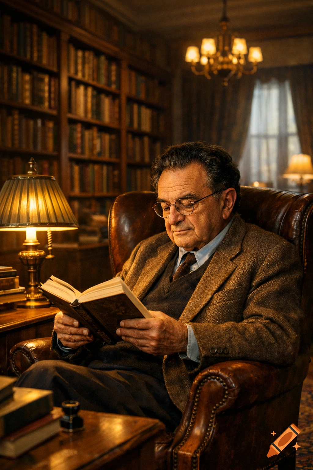 An older man with glasses sits in a leather armchair in a lamp-lit library, reading a book.