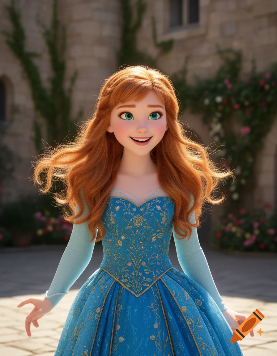 Animated Princess Anna in a blue dress smiles outdoors in front of a castle.