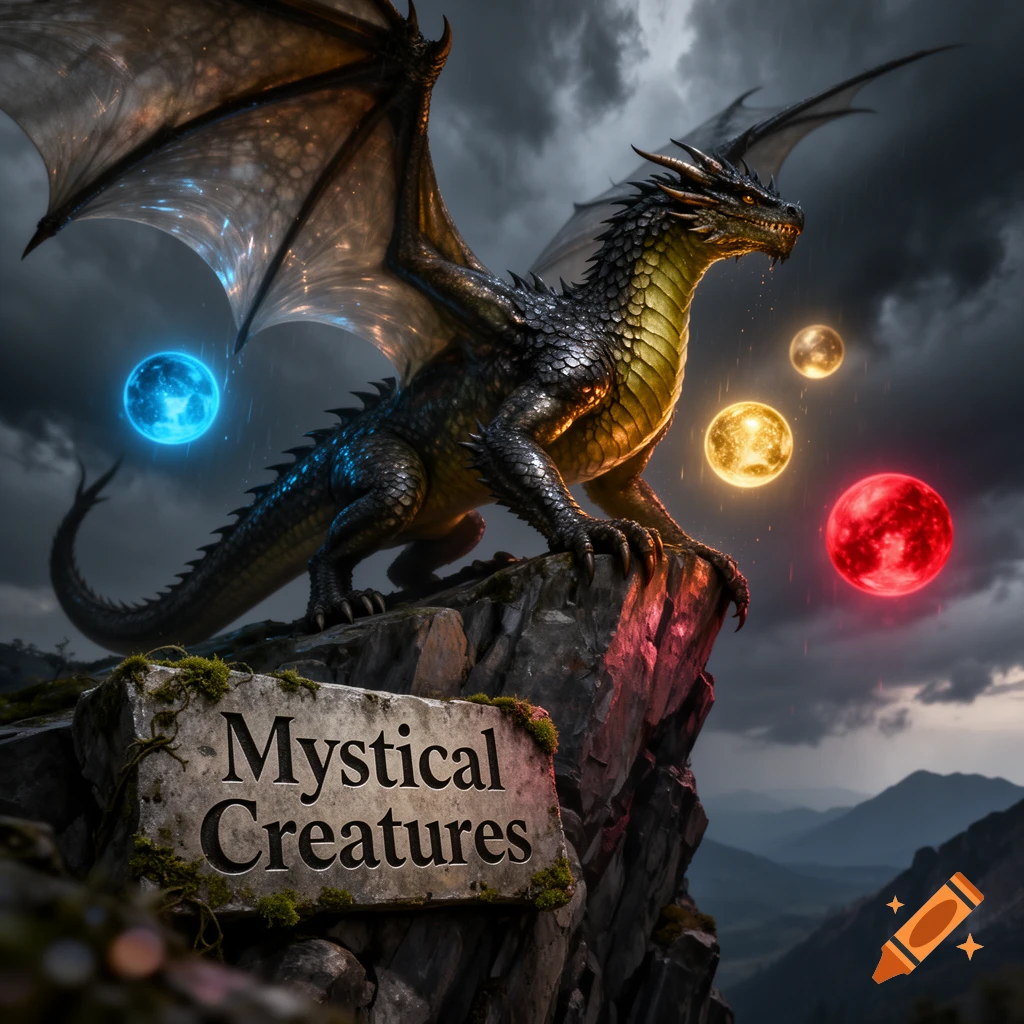 A dark scaly dragon with large wings stands on a mossy cliff, surrounded by glowing blue, yellow, and red orbs, under a stormy sky. "Mystical Creatures" is carved into a stone.