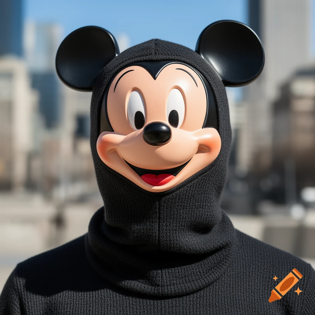 A person wearing a Mickey Mouse mask over a black balaclava, standing outdoors in a city setting. Photorealistic style.