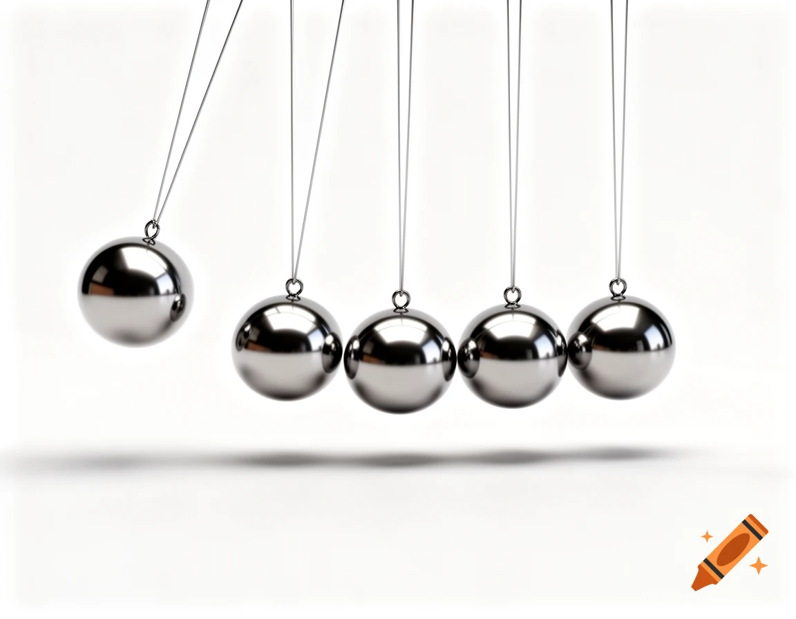 Photorealistic illustration of a Newton's Cradle with five shiny steel balls, one raised on the left against a white background.