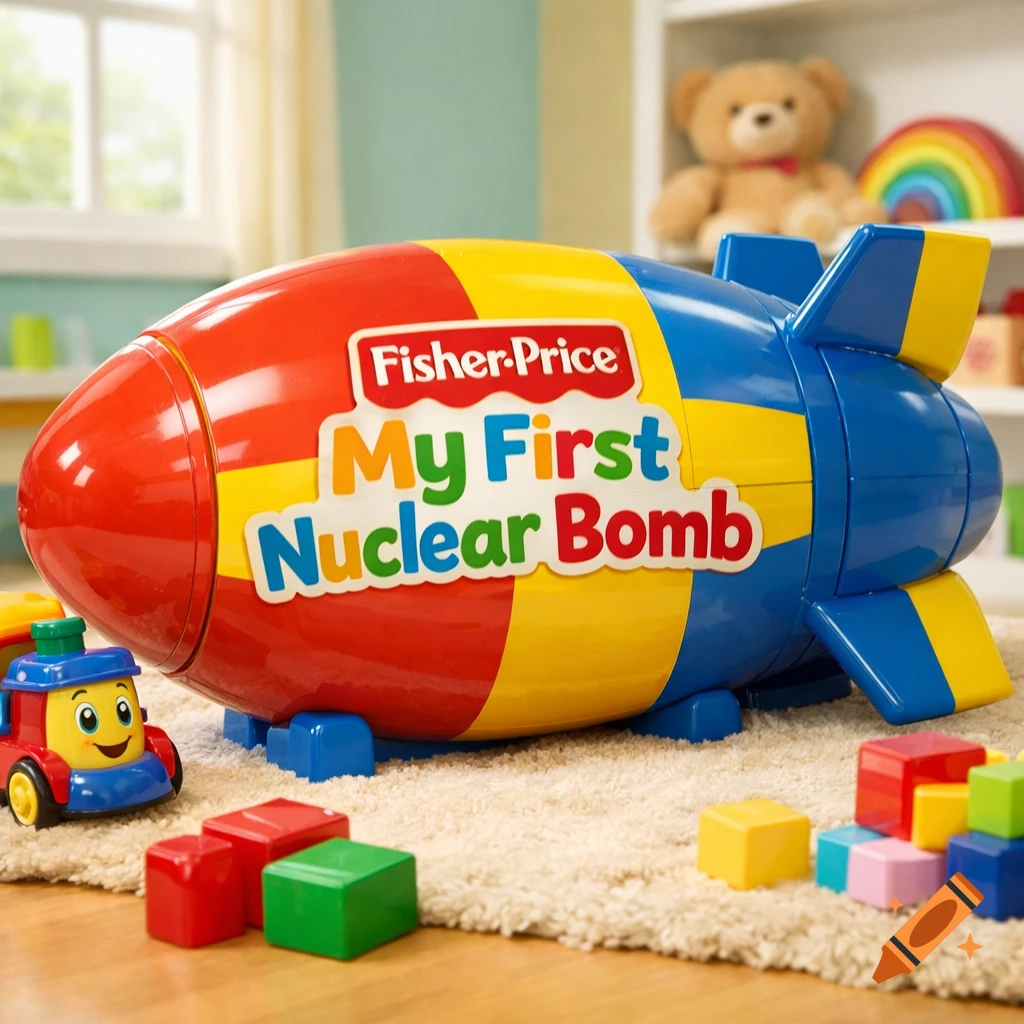 A colorful Fisher-Price toy resembling a nuclear bomb, labeled 'My First Nuclear Bomb,' sits on a rug in a child's room amidst other toys like blocks and a train.