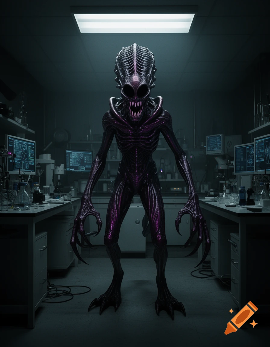 A photorealistic, scary, purple alien with sharp teeth and claws stands menacingly in a dark, glowing laboratory.
