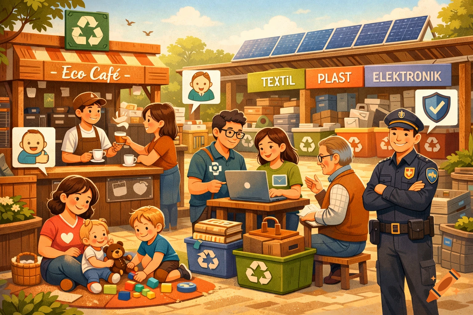 A vibrant illustration of a community recycling center with an Eco Cafe, people sorting materials, parents with children, IT support, and a police officer.