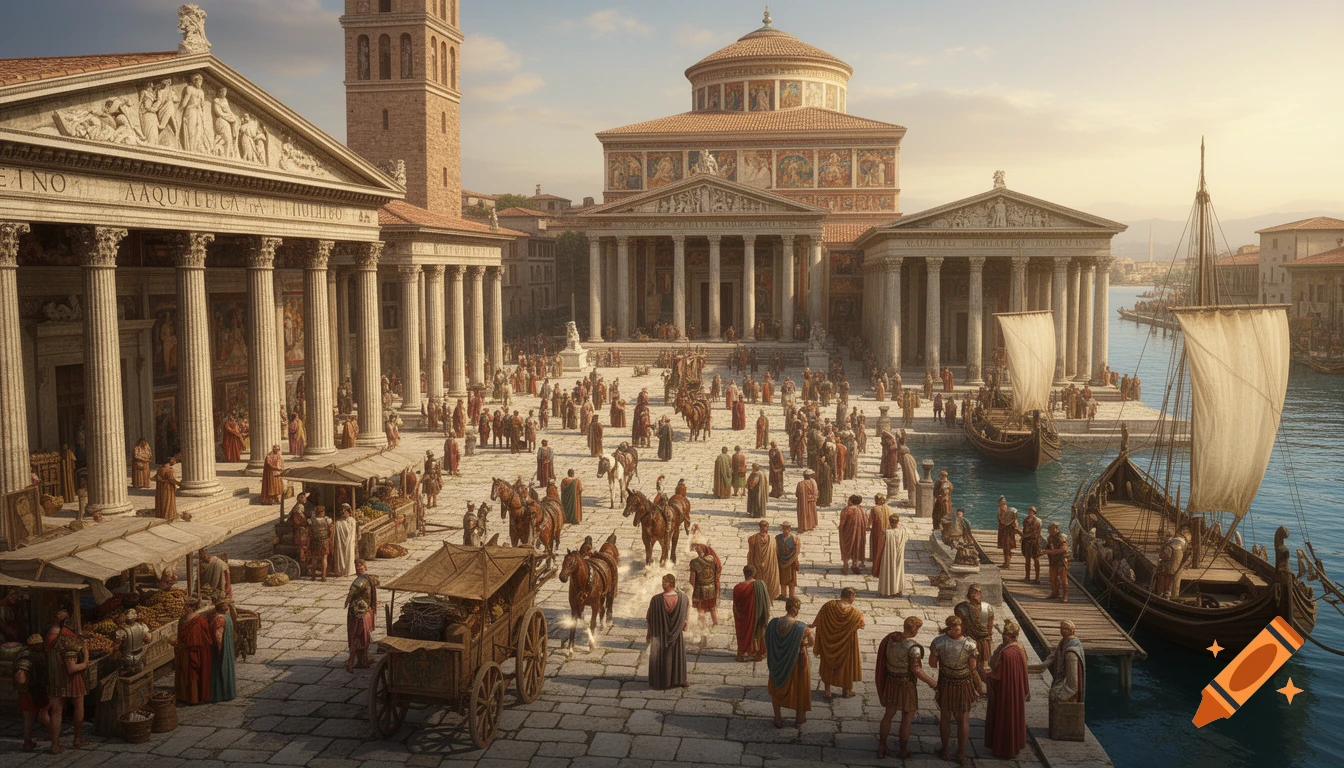 A bustling ancient Roman city scene with grand temples, a basilica, and ...
