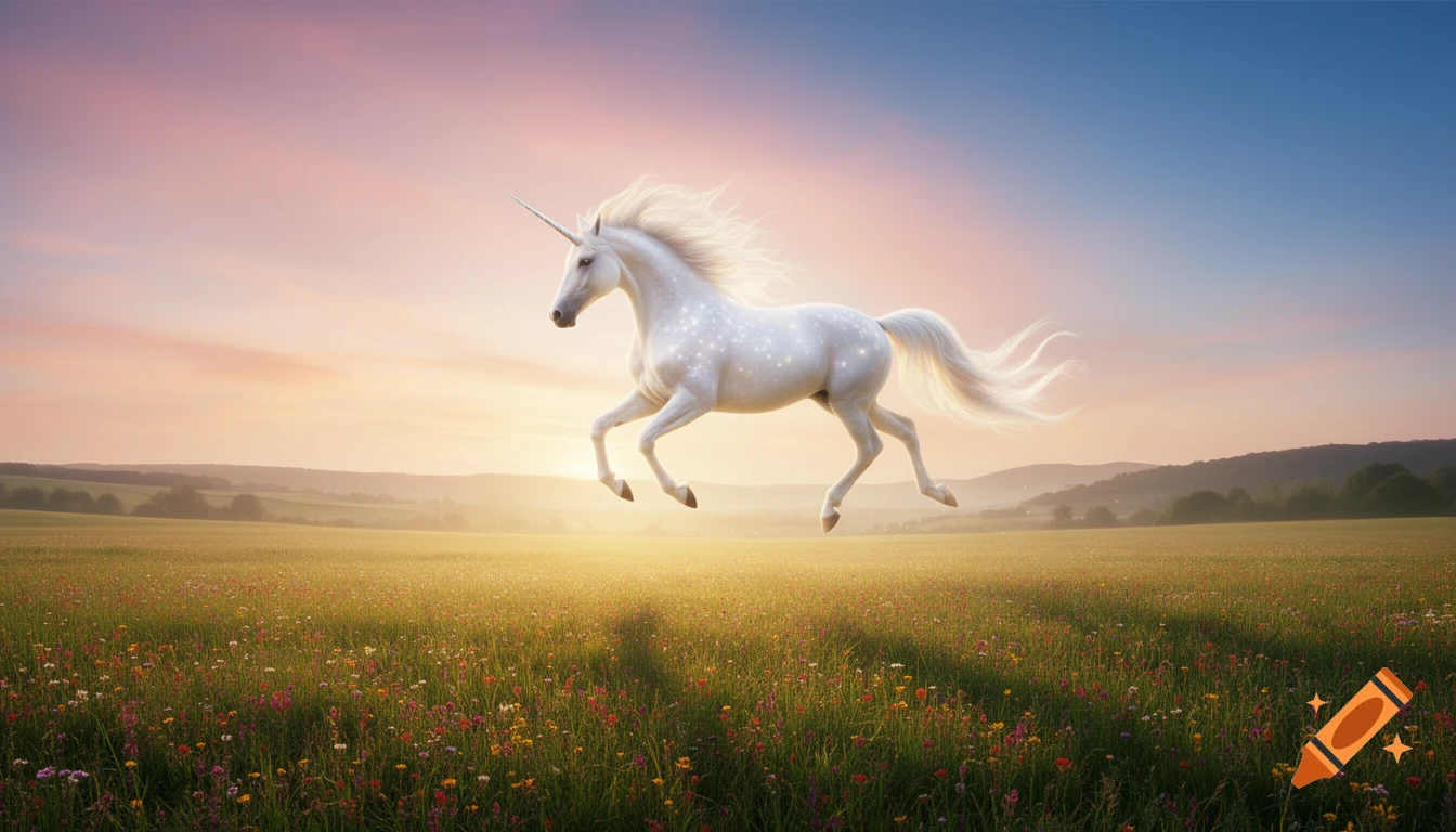 White unicorn with sparkles leaps over a vibrant wildflower field at sunset, photorealistic.