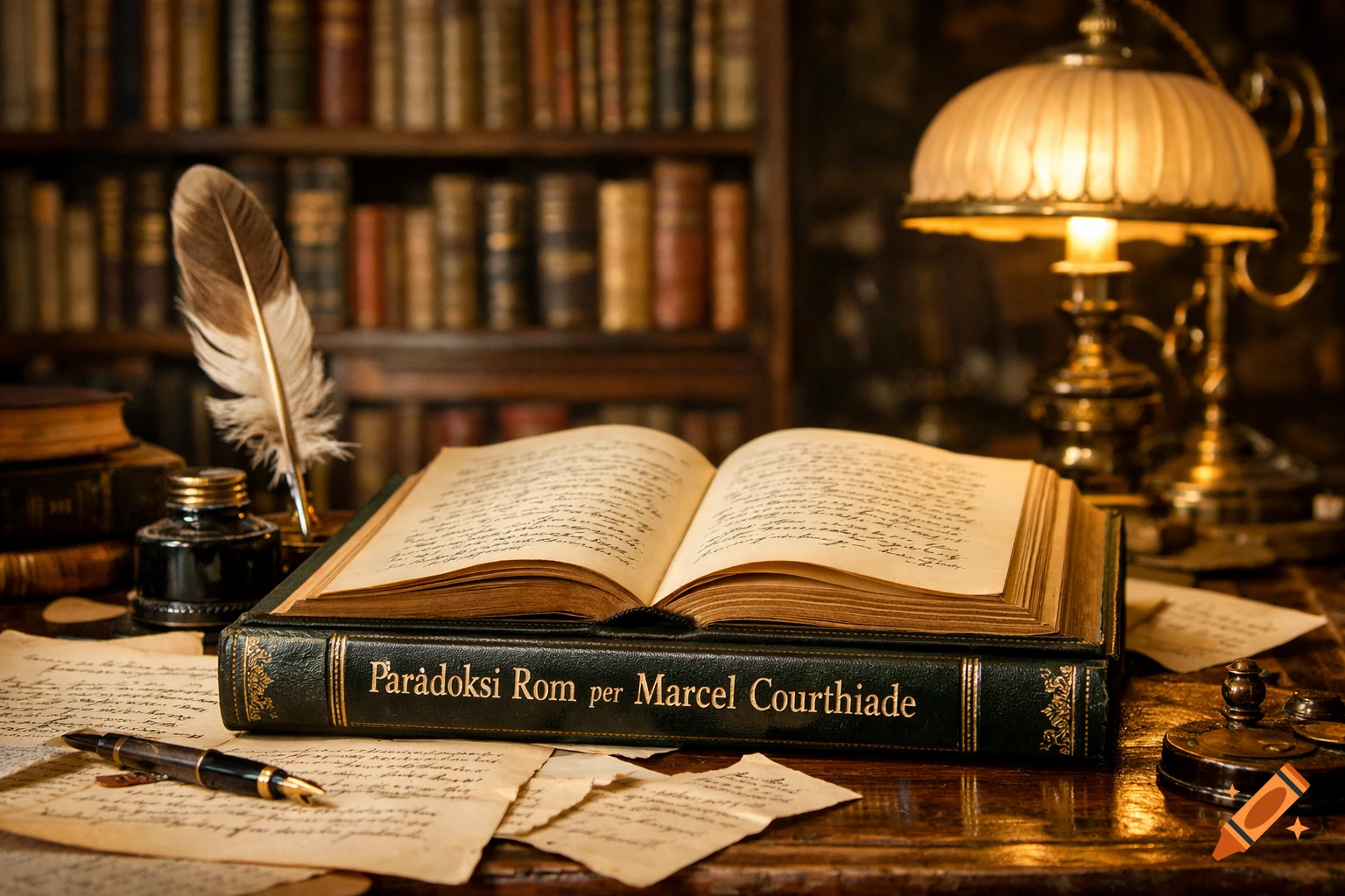 An old open book with the title "Parádoksi Rom per Marcel Courthiade" lies on a wooden desk with a quill, inkwell, papers, and a brass lamp, in a library setting.