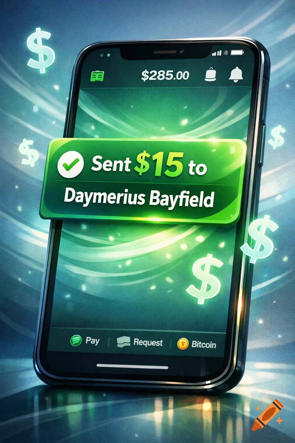 A smartphone displaying a money transfer app with a 'Sent $15 to Daymerius Bayfield' notification and glowing dollar signs.