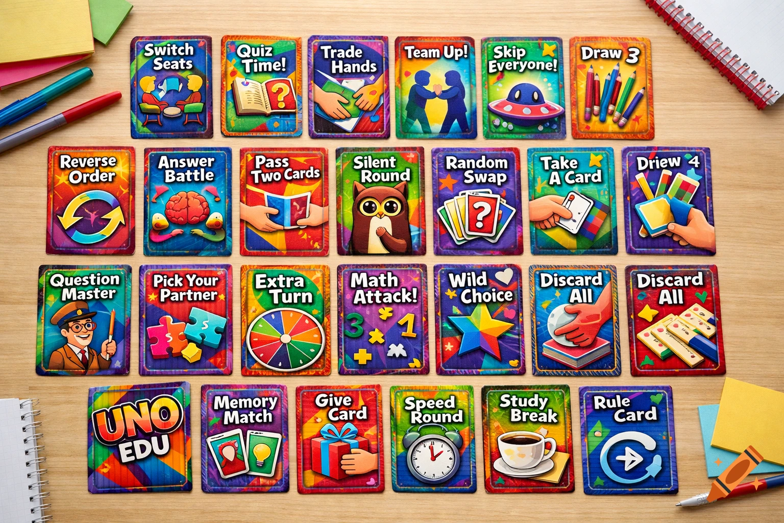 A flat lay of colorful educational-themed UNO-style playing cards on a wooden table, with pens and sticky notes.