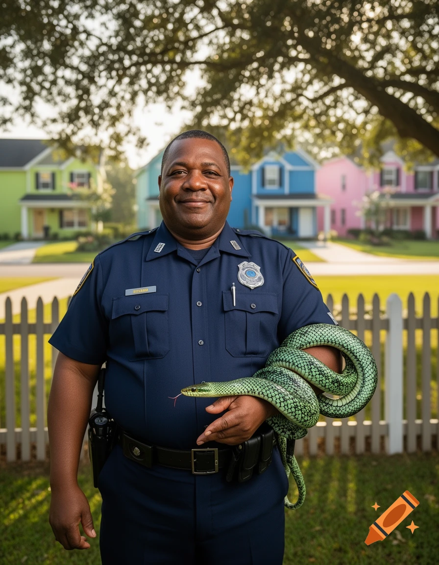 A smiling police officer in uniform holds a large green snake, standing in front of colorful houses and a white fence.