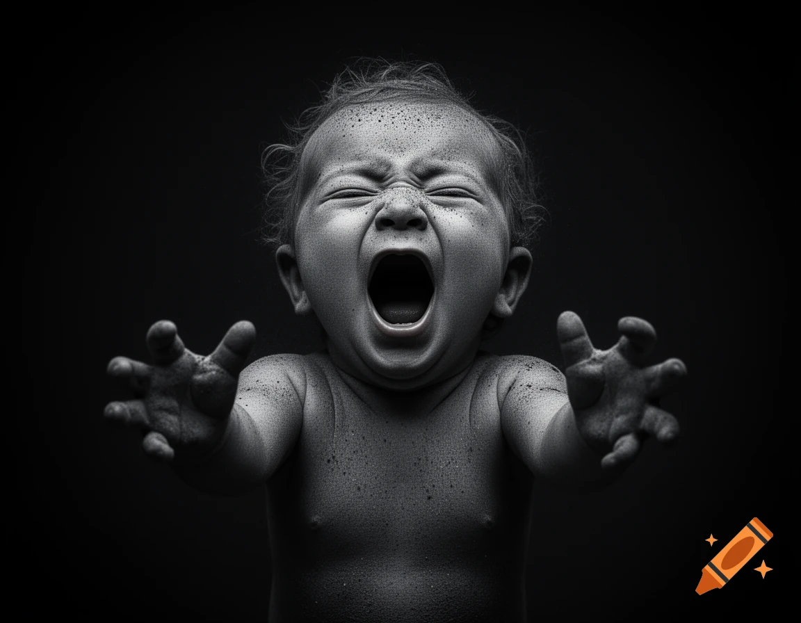 High-contrast, black and white image of a baby made of ash and soot, screaming with arms outstretched.