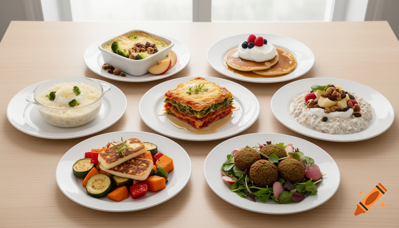 A photorealistic spread of seven diverse meals, including lasagna, pancakes, falafel, and gratins, neatly displayed on a light wooden table.