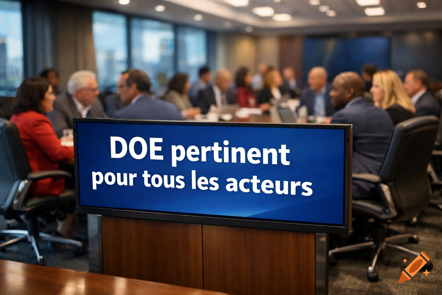 A conference screen displaying 'DOE pertinent pour tous les acteurs' with blurred people in a meeting room.