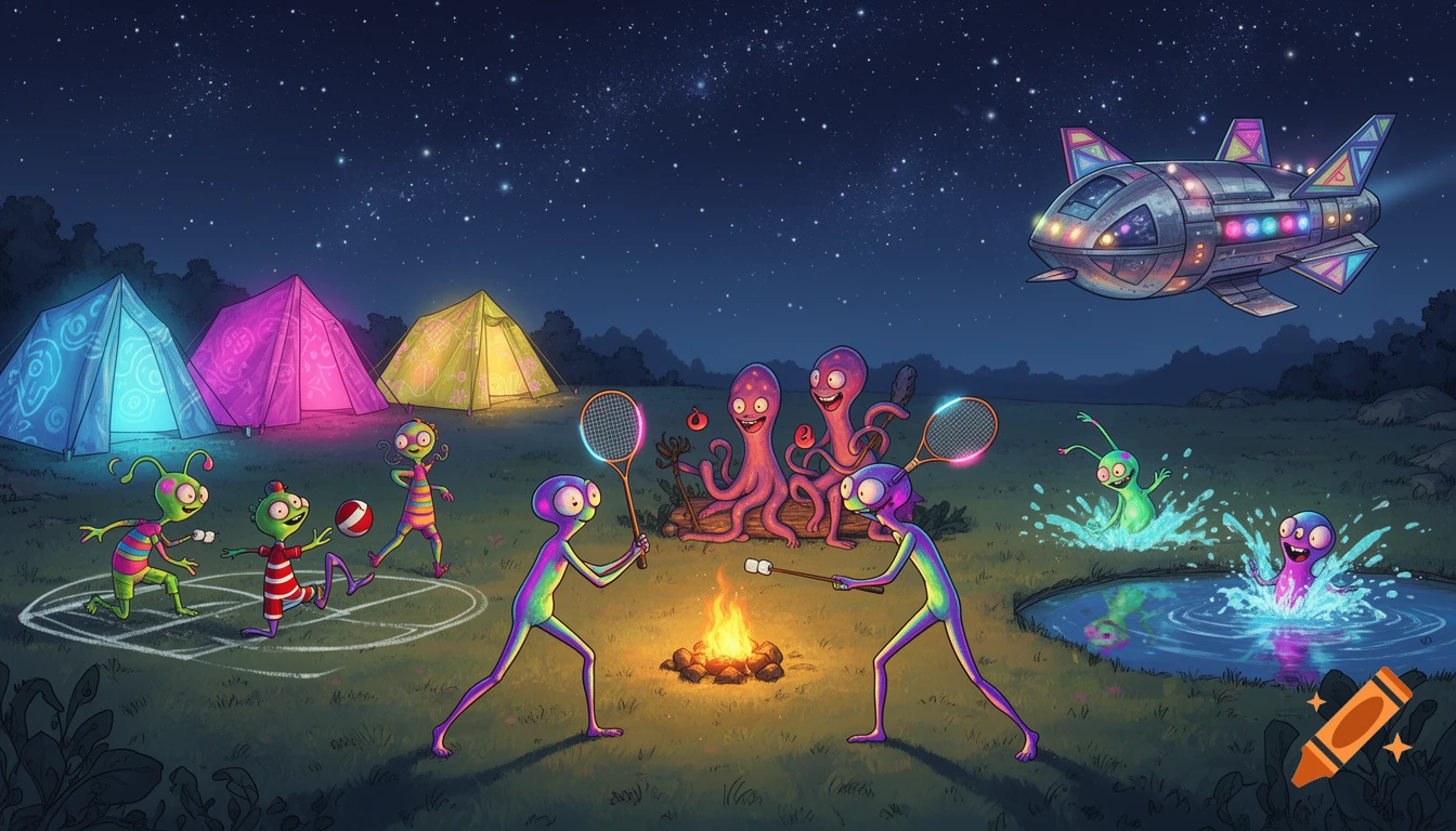 Colorful cartoon aliens camping under a starry night, playing badminton and football, roasting marshmallows, and swimming, with tents and a spaceship.