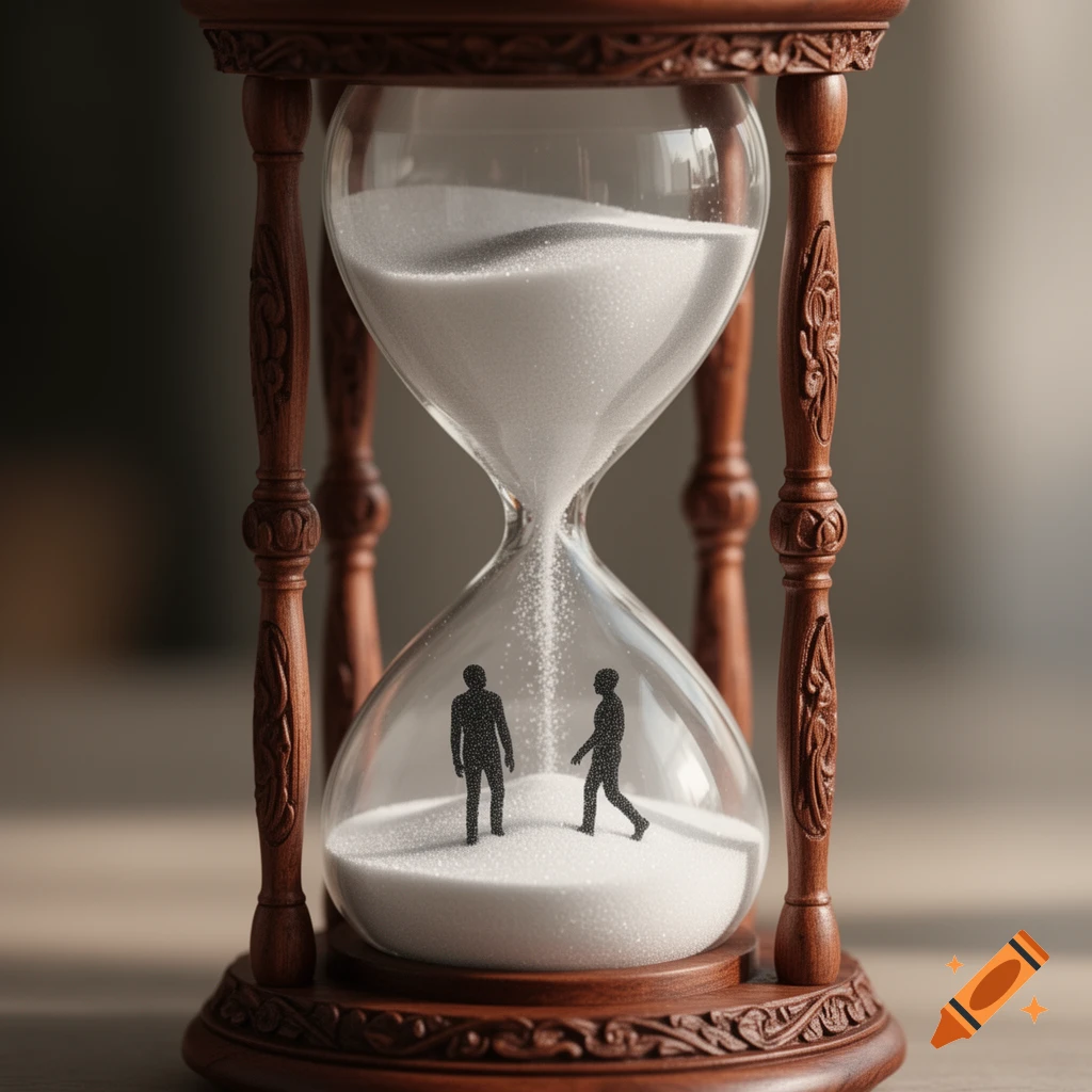 A photorealistic close-up of a wooden hourglass with white sand. Two black human silhouettes stand inside the bottom bulb.